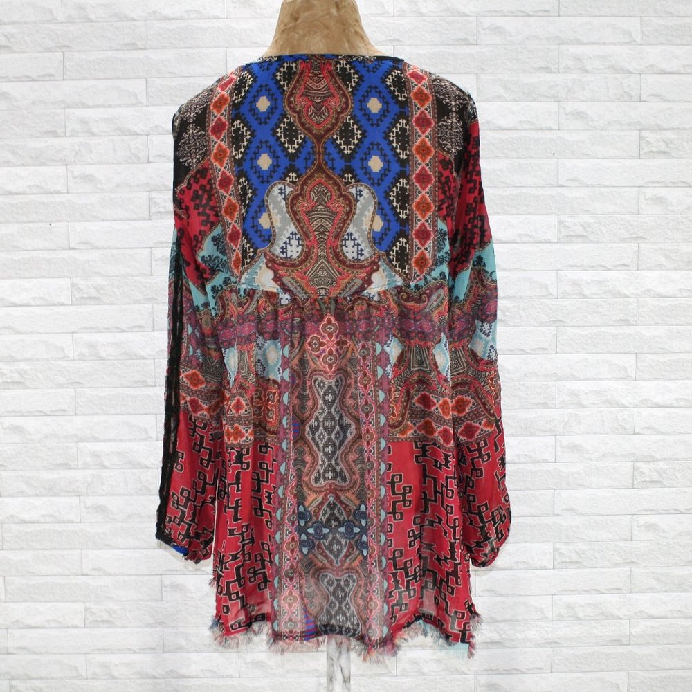 V CHRISTINA Blouse Sheer Mixed Print Long Sleeve Beaded Yoke Lace Up Boho Large - Picture 4 of 15